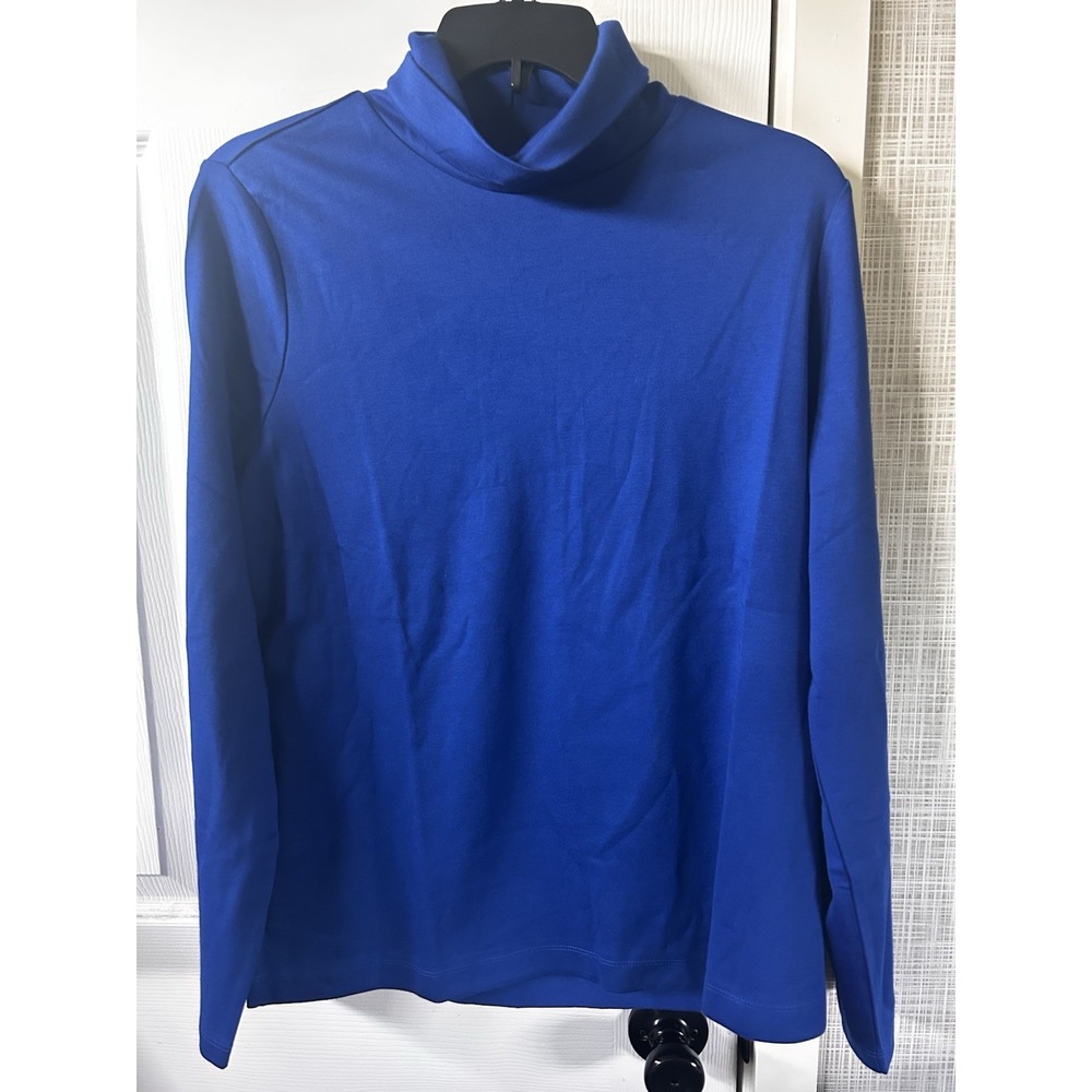Lands End Royal Blue 100% Cotton T-Shirt Turtleneck Long Sleeves Large Petite T